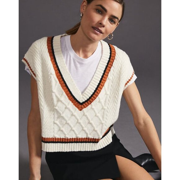 Maeve Anthropologie Willa Cable-Knit Sweater Vest White Size XS Petite Fall - Picture 1 of 8